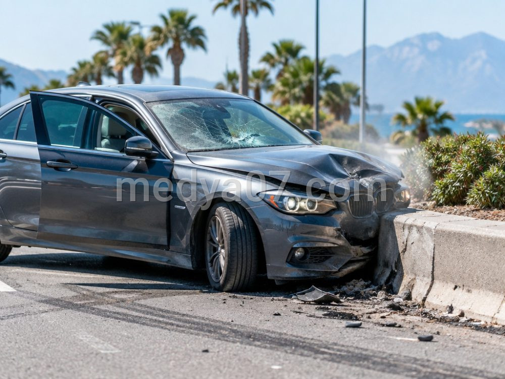 Antalya’da Seyir Halindeki Otomobilin Refüje Çarpmasıyla Meydana Gelen Trafik Kazası