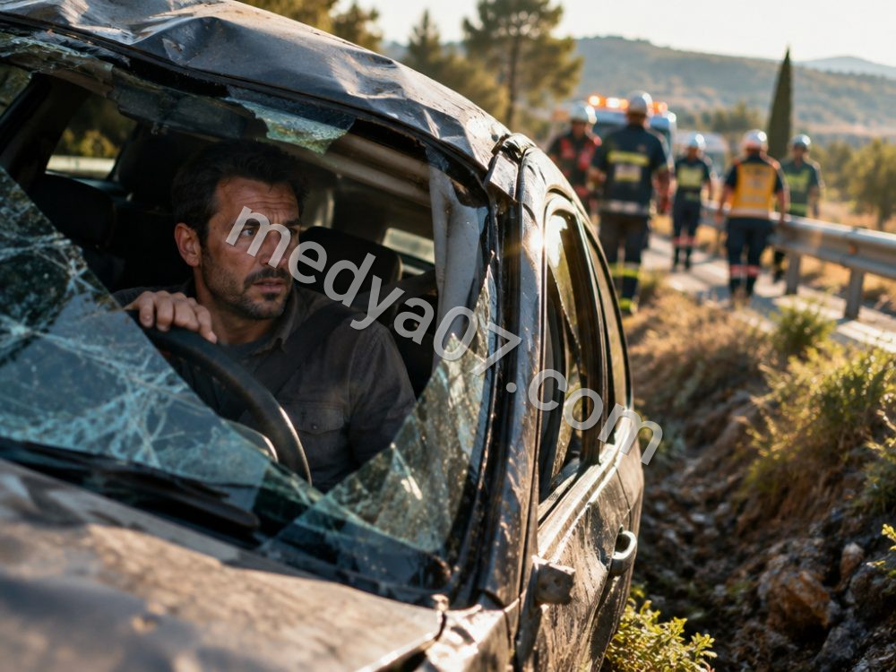 Manavgat’ta Şarampole Yuvarlanan Otomobilde Sürücü Yaralandı